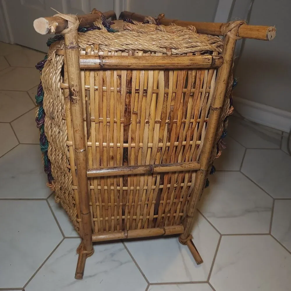 Vtg Wicker Harvest Gathering Basket With Bamboo Handle and Legs 25